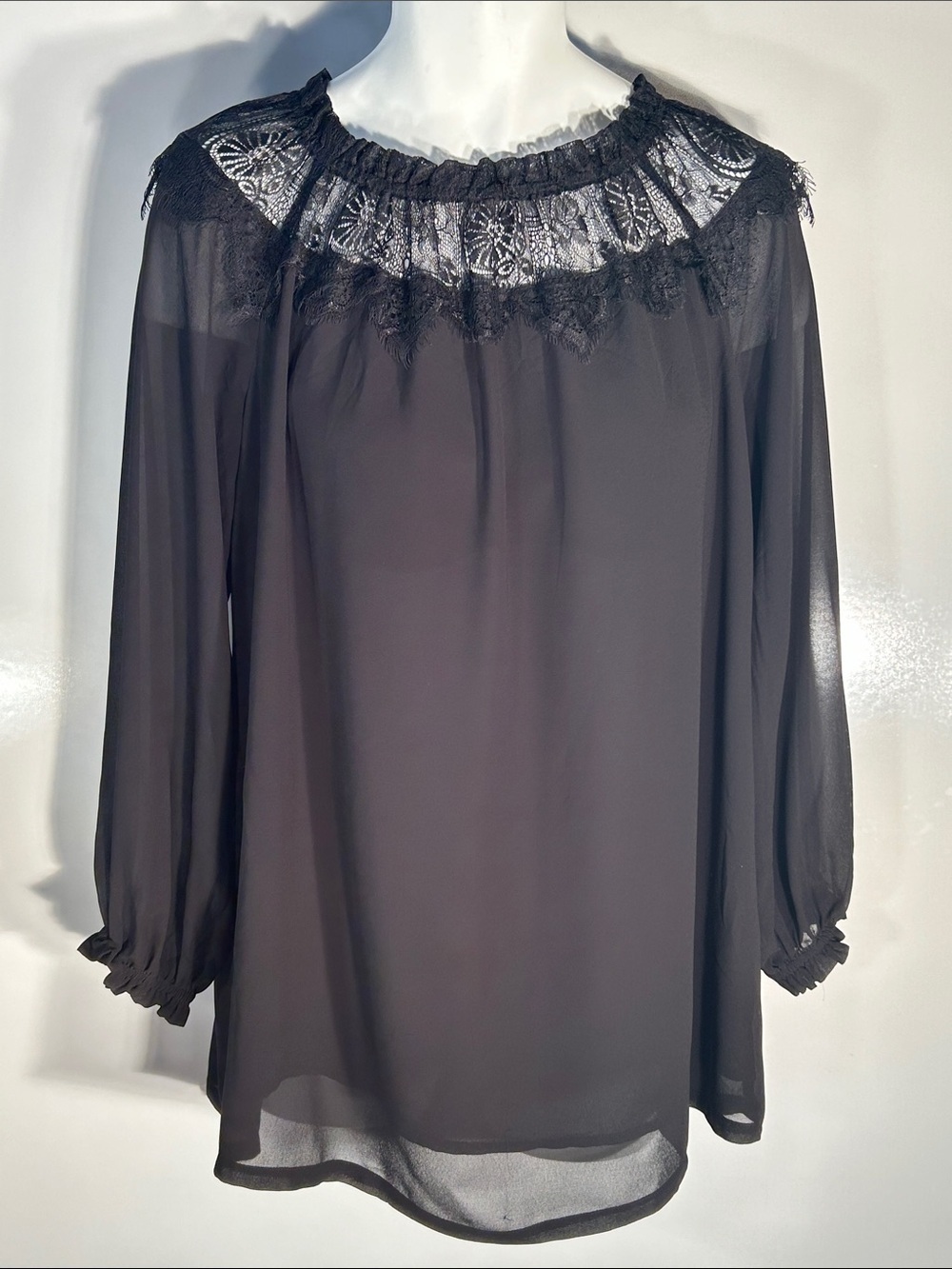 Eureka SZ L Black Lace Yoke Flowy Blouse Boho Chic Elegant Feminine Goth Dressy